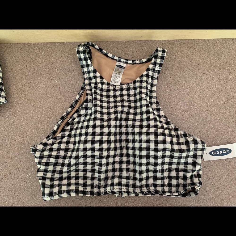 NWT HIGH NECK OPEN BACK BLACK GINGHAM SWIM TOP